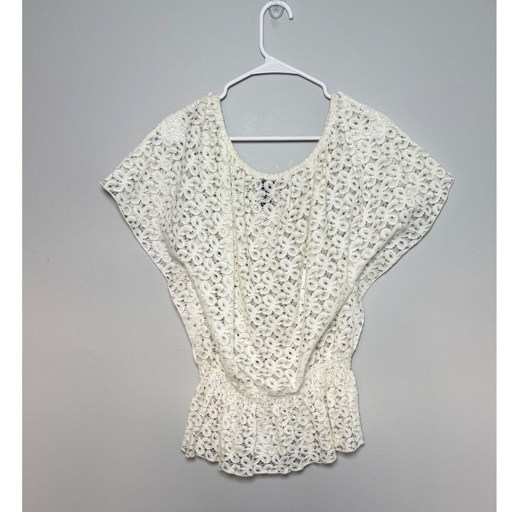 INC International Concepts Ivory White Floral Lace Smocked Waist Peplum Top M